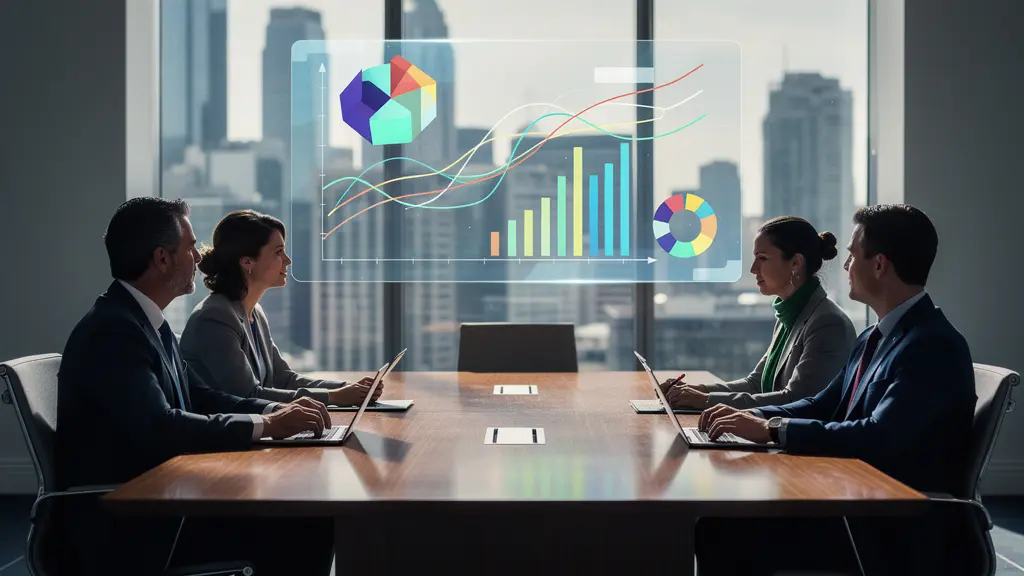 Business professionals reviewing anonymous wellness data charts in insurance meeting