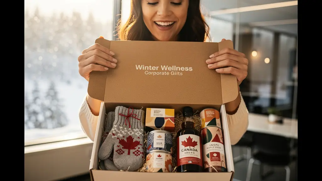Canadian winter wellness gift packages featuring maple products and artisanal items arranged in bright January sunlight