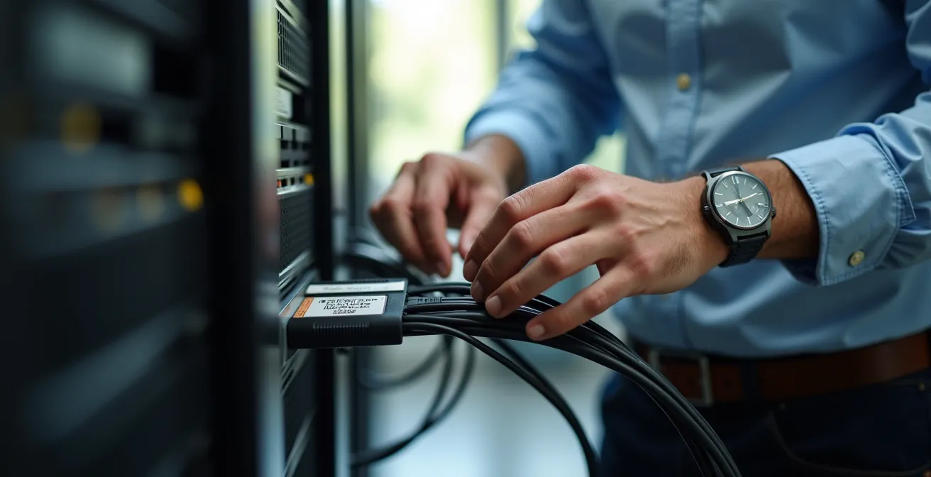 IT workspace showing systematically labeled cables with clear identification tags