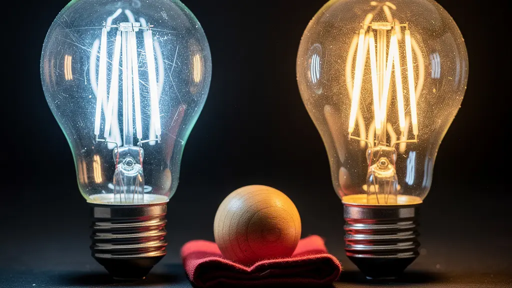 Macro close-up of two contrasting light bulbs showing the warm full-spectrum glow versus the harsh cool-white emission of a cheap LED.