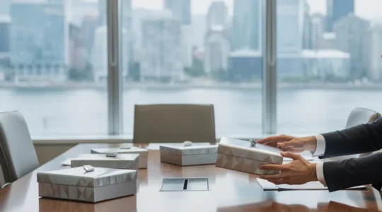 Executive hands exchanging premium tech gift box in upscale corporate boardroom with subtle Canadian cityscape