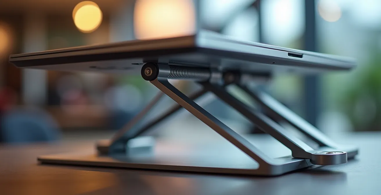 Extreme close-up of aluminum laptop stand joint mechanism showing precision engineering