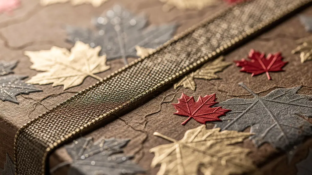 Extreme close-up of premium gift wrapping paper with embossed maple leaf patterns, suggesting detailed analysis.