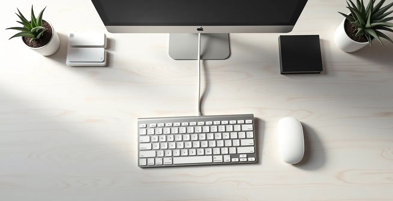 Aerial view of a clean desk with a single keyboard positioned to control multiple devices