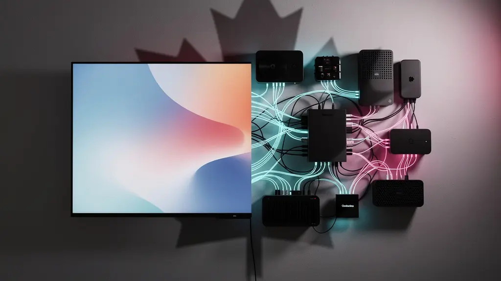 Split view showing a premium TV panel paired with various streaming devices in a Canadian home setting