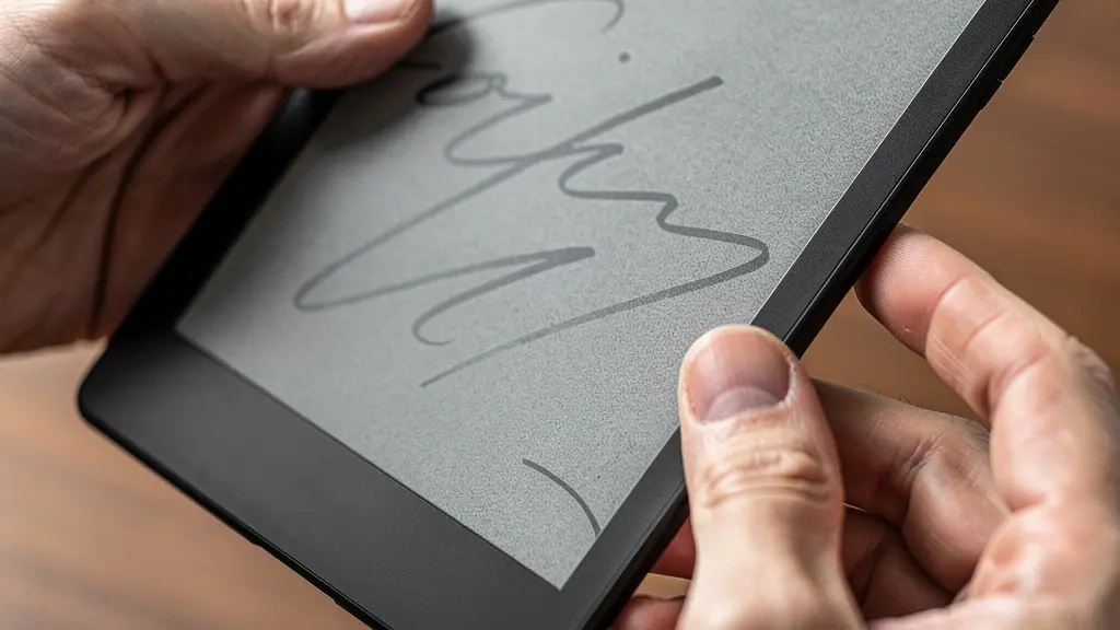 Executive hands holding monochrome e-ink tablet in minimalist office setting