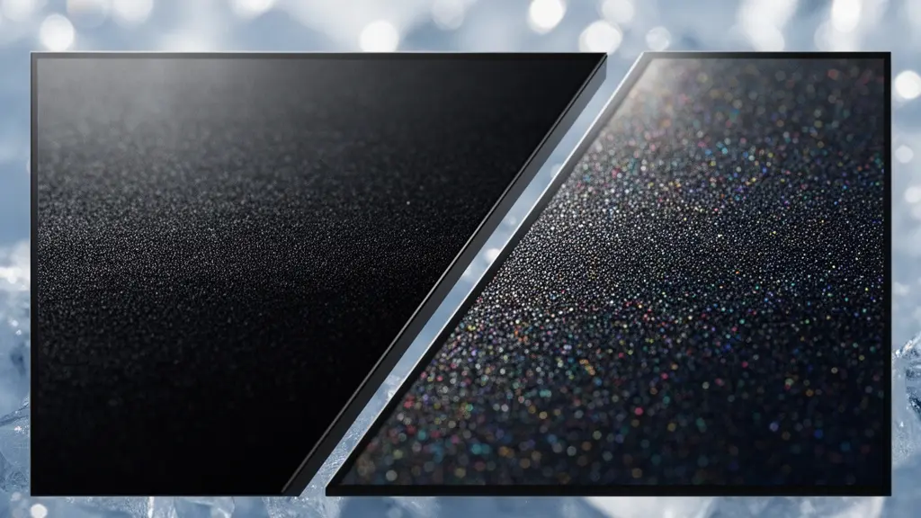 Split-screen comparison of TV screens in bright Canadian winter sunlight showing different display technologies