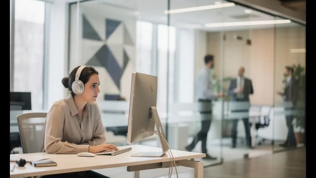 Modern open office with professional wearing noise-cancelling headphones in focused work state