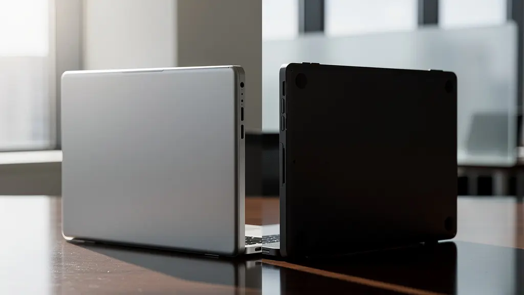 Side-by-side comparison of current and outdated tech devices on an executive desk, showing the new model in light and the old in shadow.