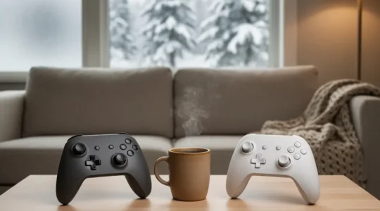 A cozy Canadian living room gaming setup with two contrasting console controllers placed side by side on a wooden coffee table, soft warm lighting from a window showing a snowy landscape outside.