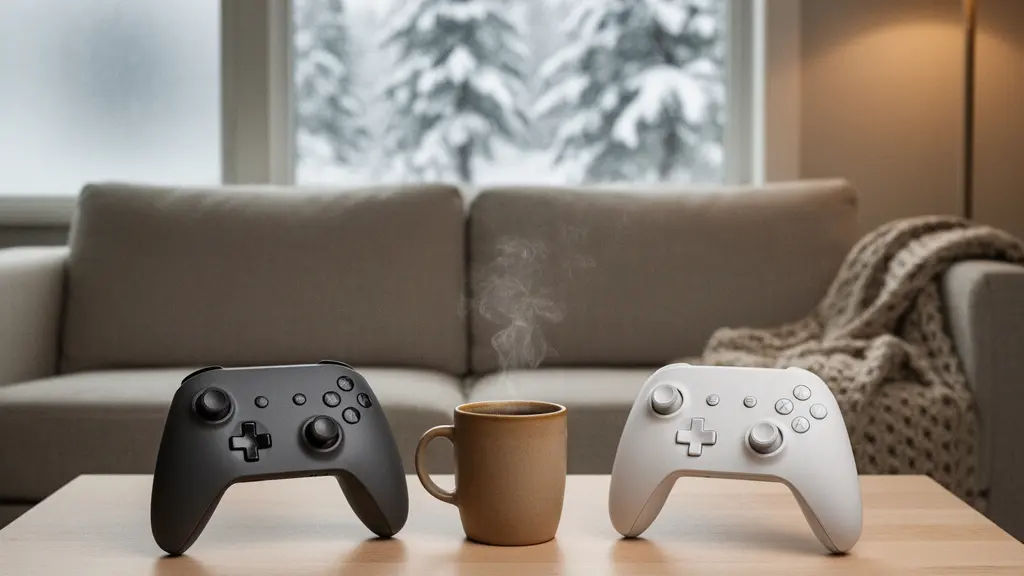 A cozy Canadian living room gaming setup with two contrasting console controllers placed side by side on a wooden coffee table, soft warm lighting from a window showing a snowy landscape outside.