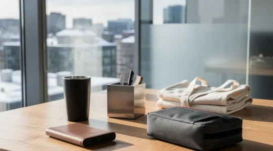 Premium corporate gifts arranged on a modern office desk showcasing daily-use items