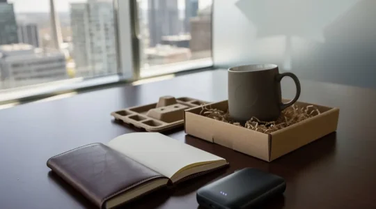 Elegant branded corporate gift collection showcasing premium quality items with subtle logo placement