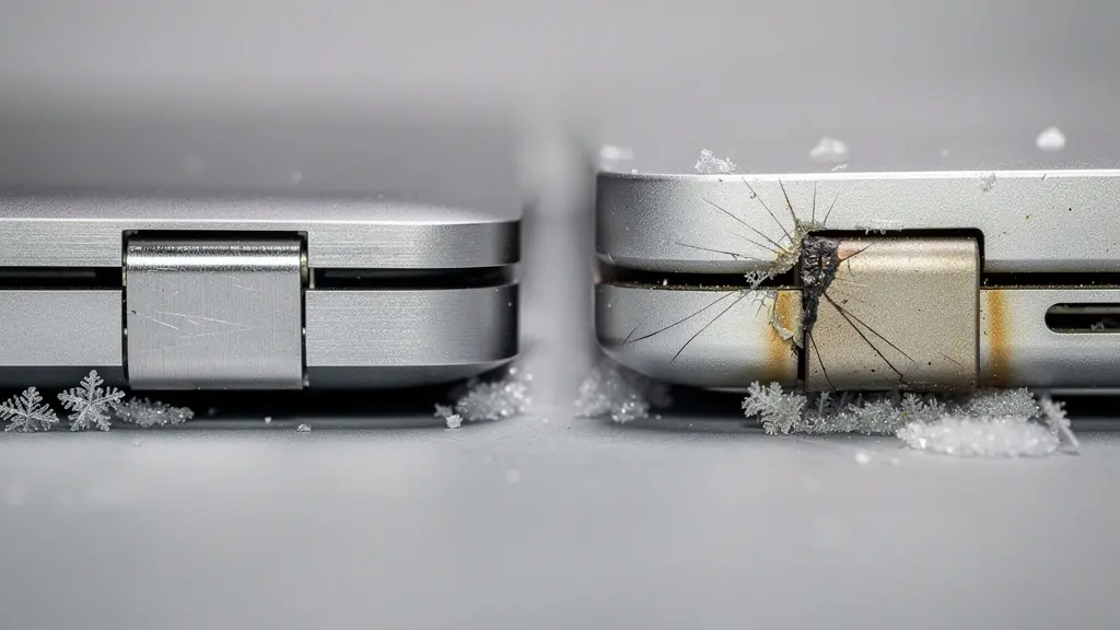 A macro close-up of two contrasting laptop hinges side by side — one sturdy and metallic, the other worn and cracked — illustrating the cost difference between durable and disposable technology.