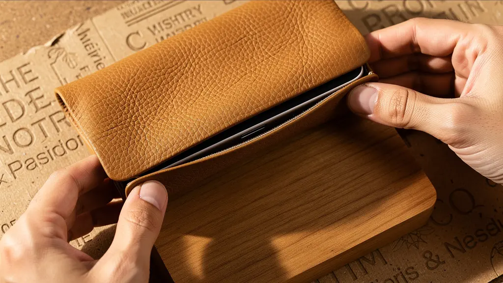 Luxurious unboxing setup with an iPad being revealed from a leather sleeve, surrounded by Canadian artisan accessories and packaging.