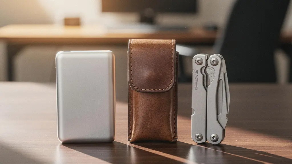 High-quality utility items arranged as corporate gifts on office desk