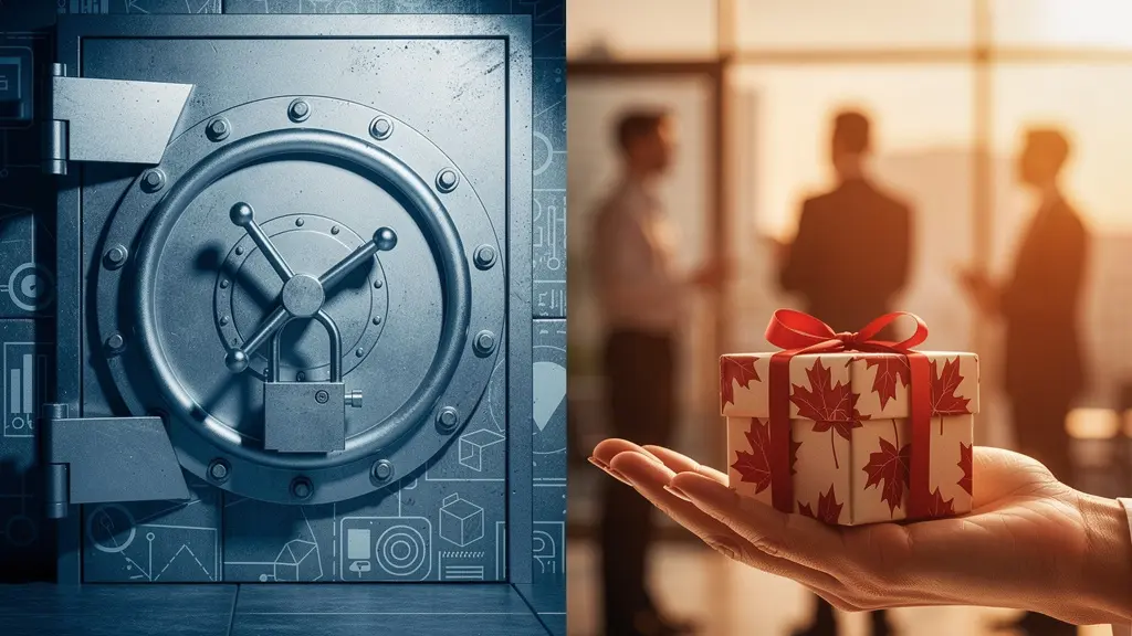 Visual metaphor for ethical AI data collection in corporate settings, showing a secure vault next to an open gift.