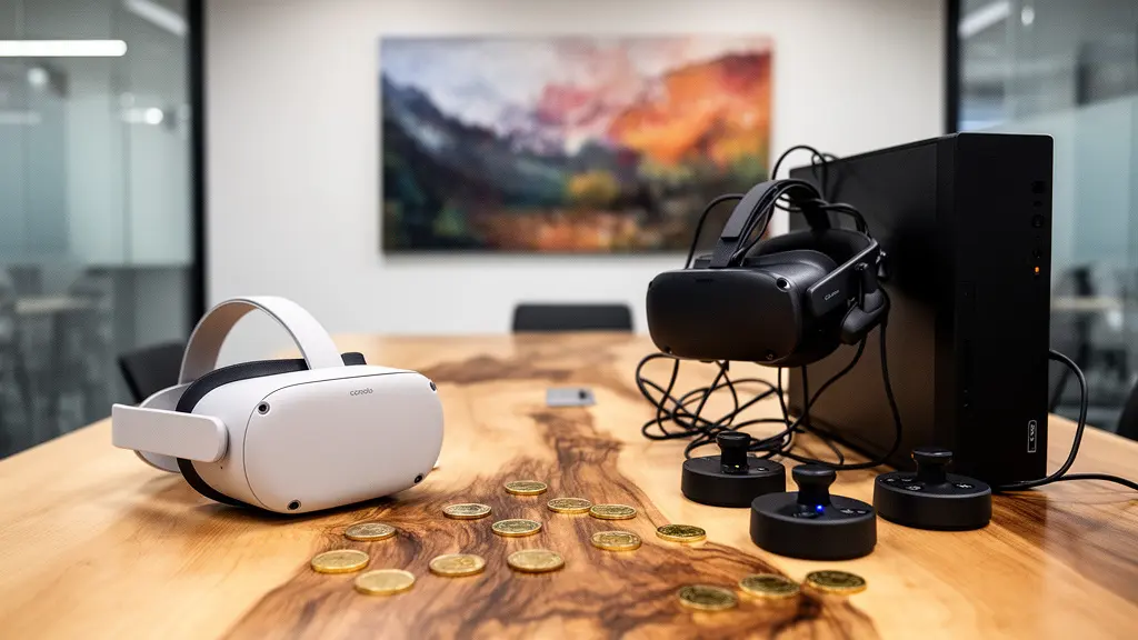 Side-by-side comparison of Quest standalone headset and PC-VR setup in corporate training environment