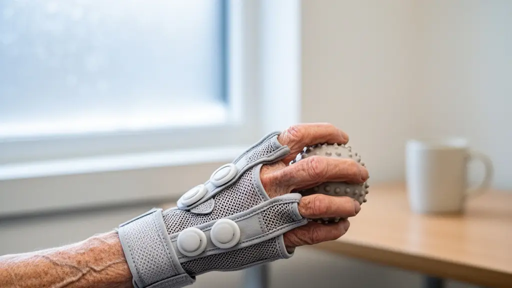 A patient's hand gently grasping a soft therapy ball while wearing a lightweight haptic glove, bathed in warm natural window light in a minimalist rehabilitation room.