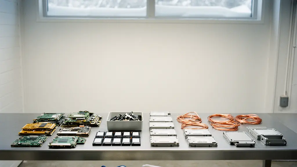 An environmental wide shot of neatly sorted electronic components — circuit boards, batteries, and metal casings — on a clean industrial workbench, symbolizing responsible e-waste recycling.