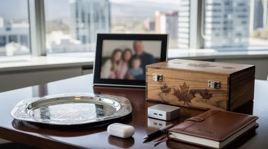 A curated collection of retirement gifts featuring engraved metal keepsake, digital photo frame, and artisanal Canadian crafts arranged on polished wood surface