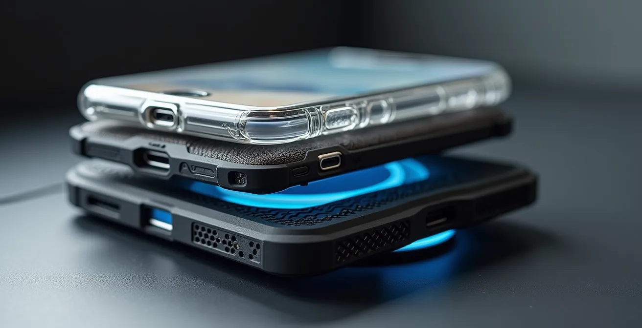 Cross-section view showing wireless charging through different case thicknesses