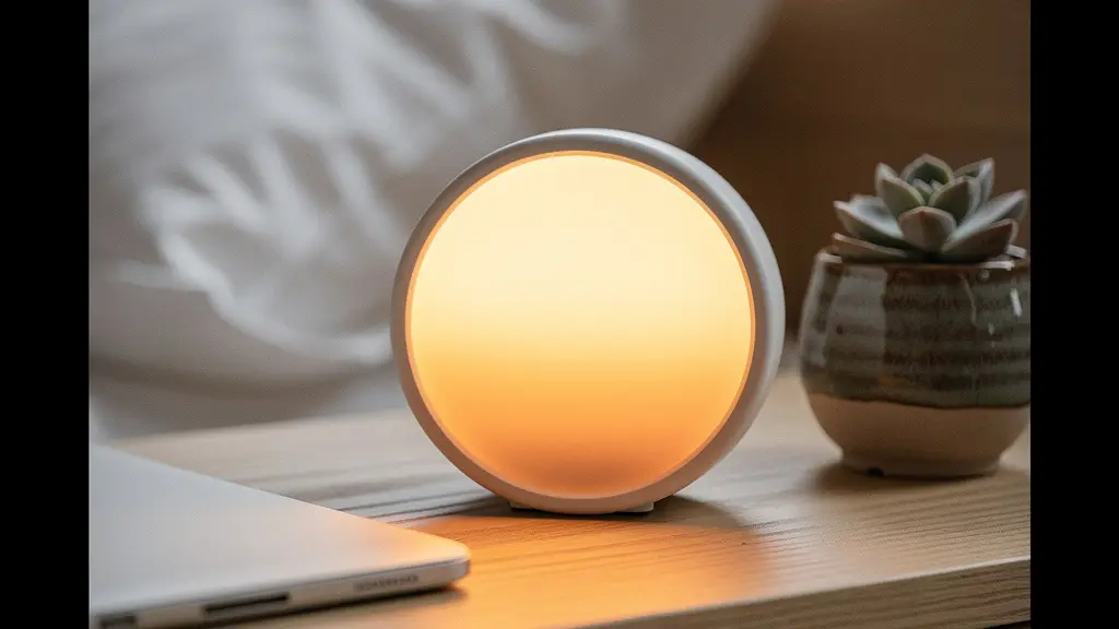 An extreme close-up of a warm sunrise alarm clock glowing softly on a wooden nightstand beside a closed e-reader and a small ceramic plant, with soft morning light in the background.