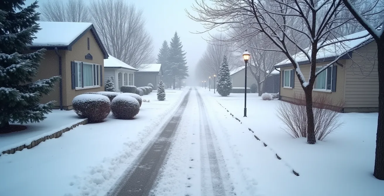 Wide shot of snowy Canadian suburban scene with security camera perspective showing motion zones