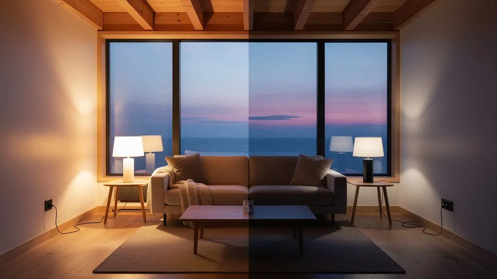 Modern home showing smart plug installations with energy monitoring visualization in living room setting