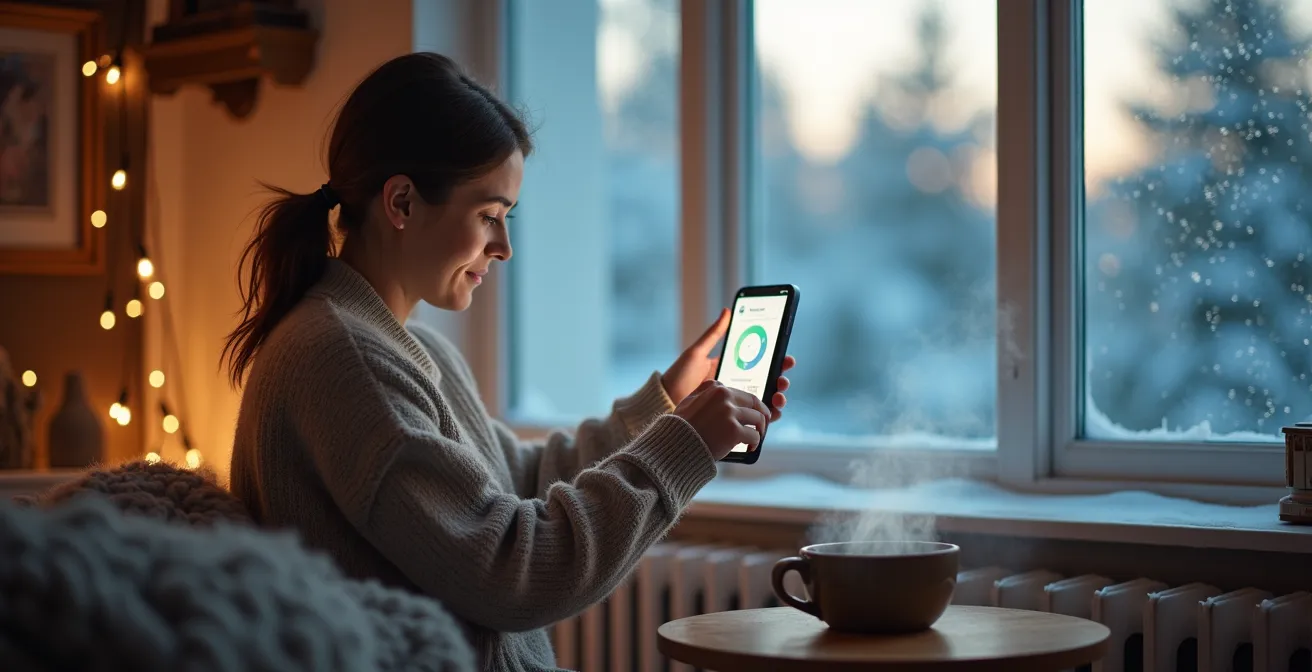 Canadian home interior showing smart thermostat during winter with visible energy savings