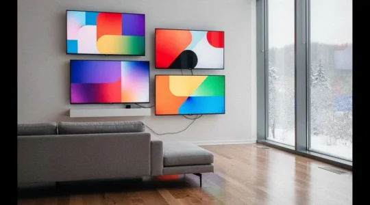 Modern living room with multiple smart TV interfaces displayed on different screens showing various operating systems