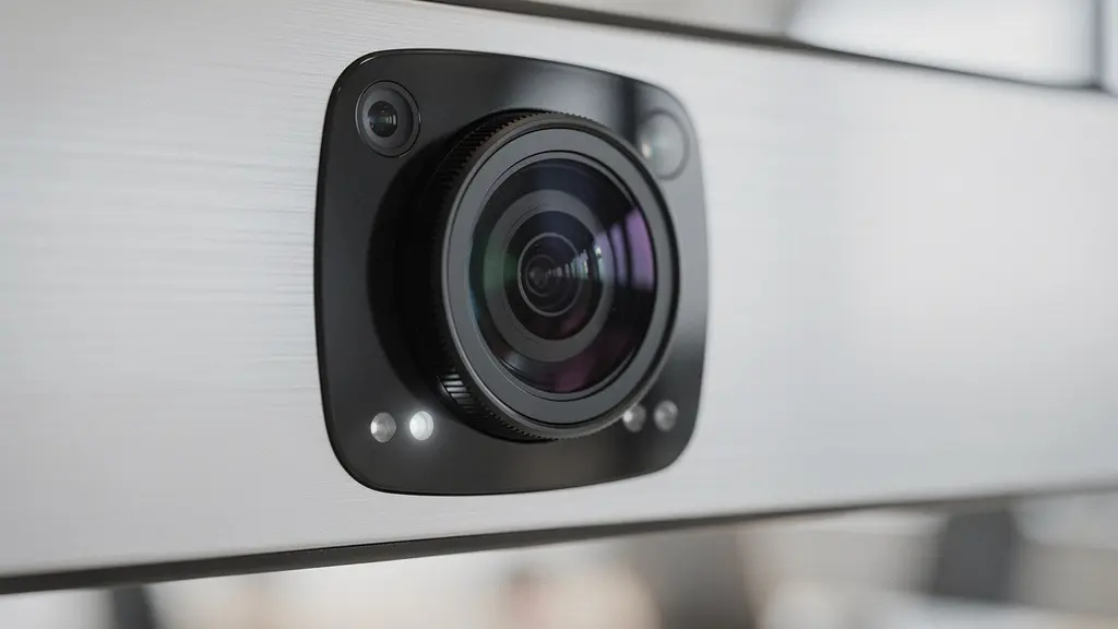 Close-up macro view of a smart whiteboard's AI camera system with subtle light reflections showing advanced optics for remote participant visibility