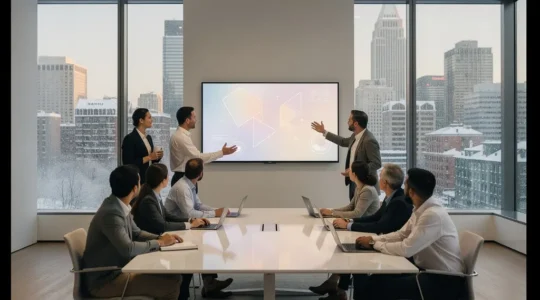 Modern boardroom featuring a smart whiteboard with hybrid team collaboration, showing both in-person and remote participants seamlessly connected
