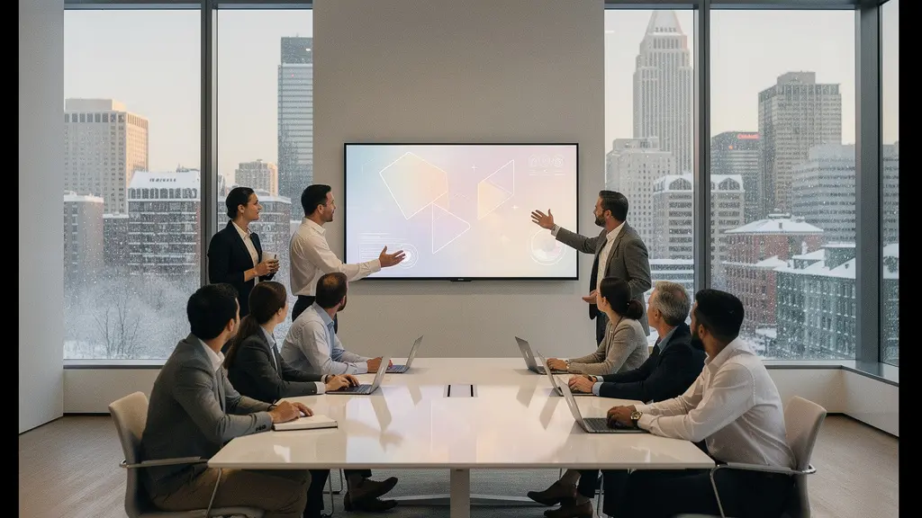 Modern boardroom featuring a smart whiteboard with hybrid team collaboration, showing both in-person and remote participants seamlessly connected