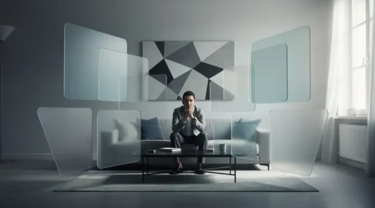 Abstract visualization of a person surrounded by converging data streams forming a translucent bubble