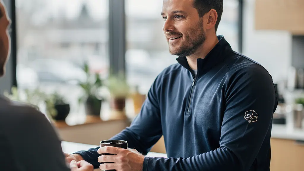 Professional wearing branded quarter-zip with subtle sleeve logo in Vancouver office setting