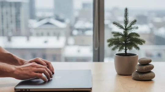 A close-up of hands carefully holding a refurbished laptop on a clean wooden desk, with a small potted evergreen plant beside it, symbolizing sustainable IT procurement aligned with ESG goals.