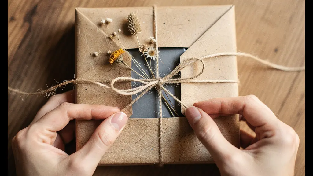 Hands opening an eco-friendly corporate gift box with sustainable materials