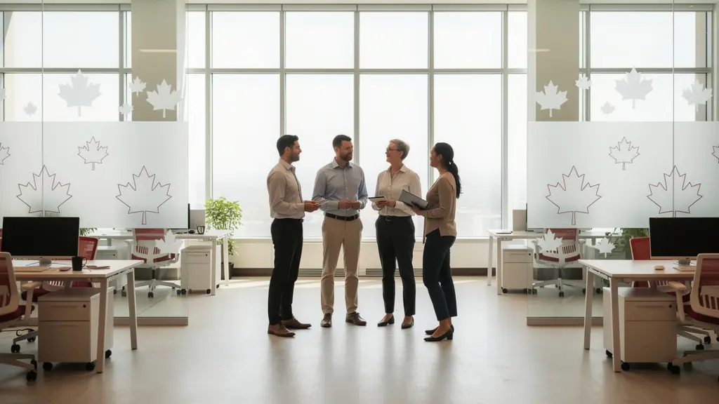 Canadian team celebrating a collective achievement in a modern, minimalist office setting.