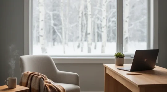 A serene Canadian living room bathed in morning light with a cozy armchair, a steaming mug, and a neatly closed laptop on a wooden side table, symbolizing intentional tech-life balance.