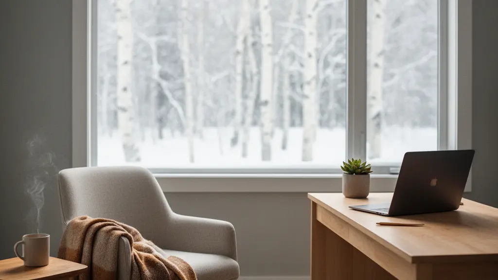 A serene Canadian living room bathed in morning light with a cozy armchair, a steaming mug, and a neatly closed laptop on a wooden side table, symbolizing intentional tech-life balance.