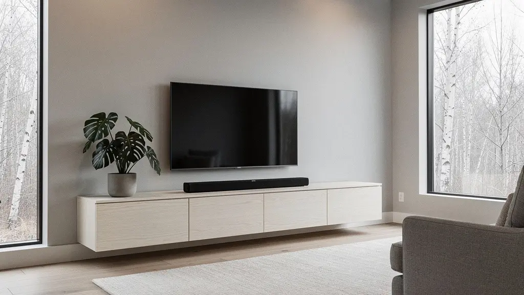 A minimalist living room with an ultra-thin TV mounted over a slim soundbar, highlighting modern audio challenges.