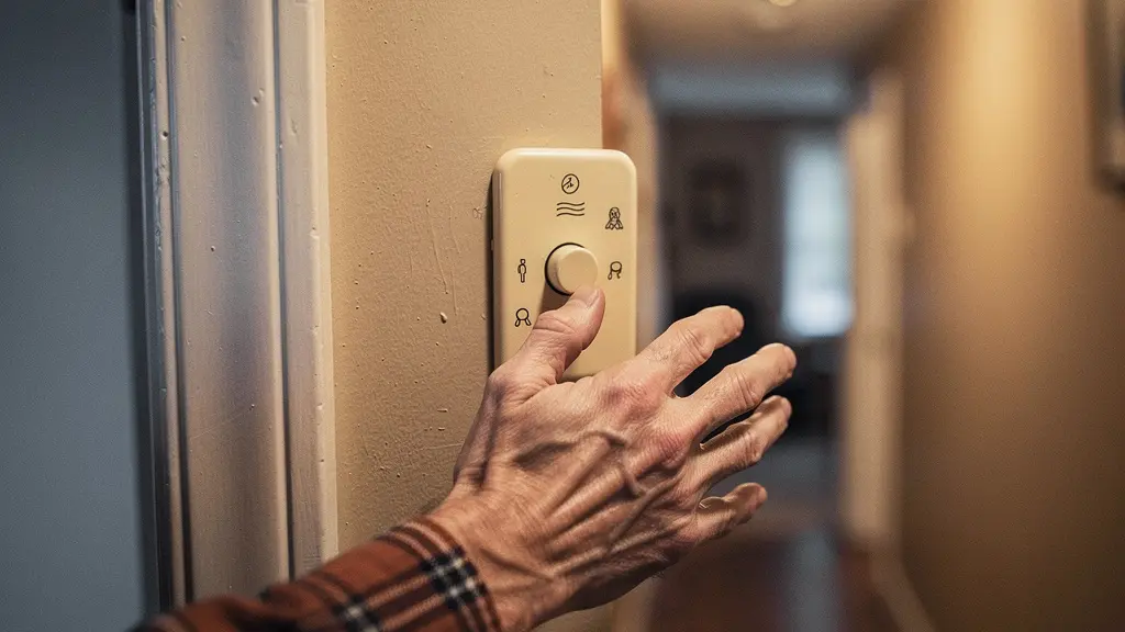 Interior detail of a 1950s Canadian bungalow hallway showing vintage light switch plate and warm ambient lighting from a modernized smart fixture.