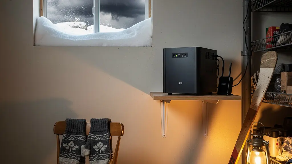 Home backup power system with UPS and router during winter storm