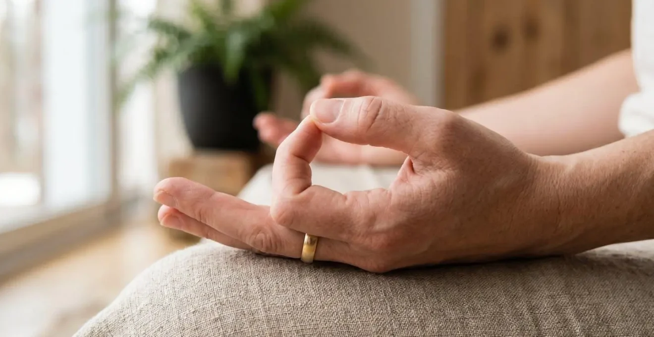 Close-up hands in meditation mudra position with soft natural lighting during mindfulness practice