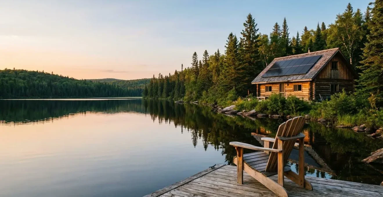 Off-grid cabin nestled in Canadian wilderness with solar panels and low-wattage tech gadgets