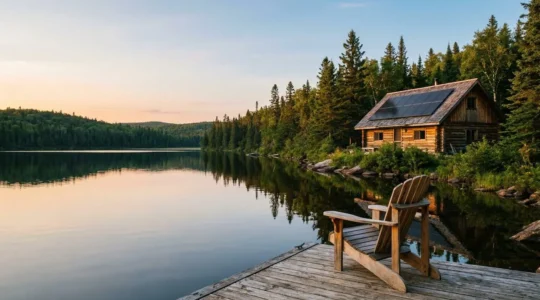 Off-grid cabin nestled in Canadian wilderness with solar panels and low-wattage tech gadgets