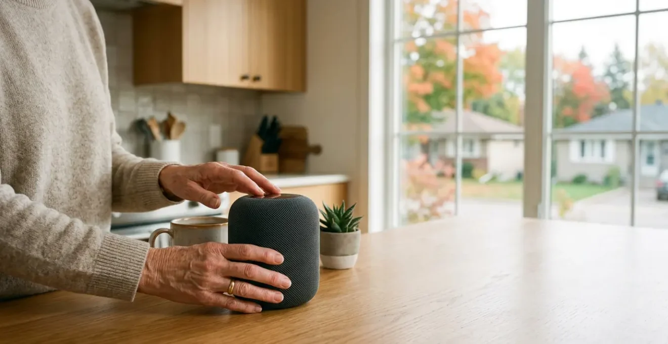 Senior adult using smart home technology in a modern Canadian home while maintaining independence