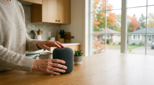 Senior adult using smart home technology in a modern Canadian home while maintaining independence