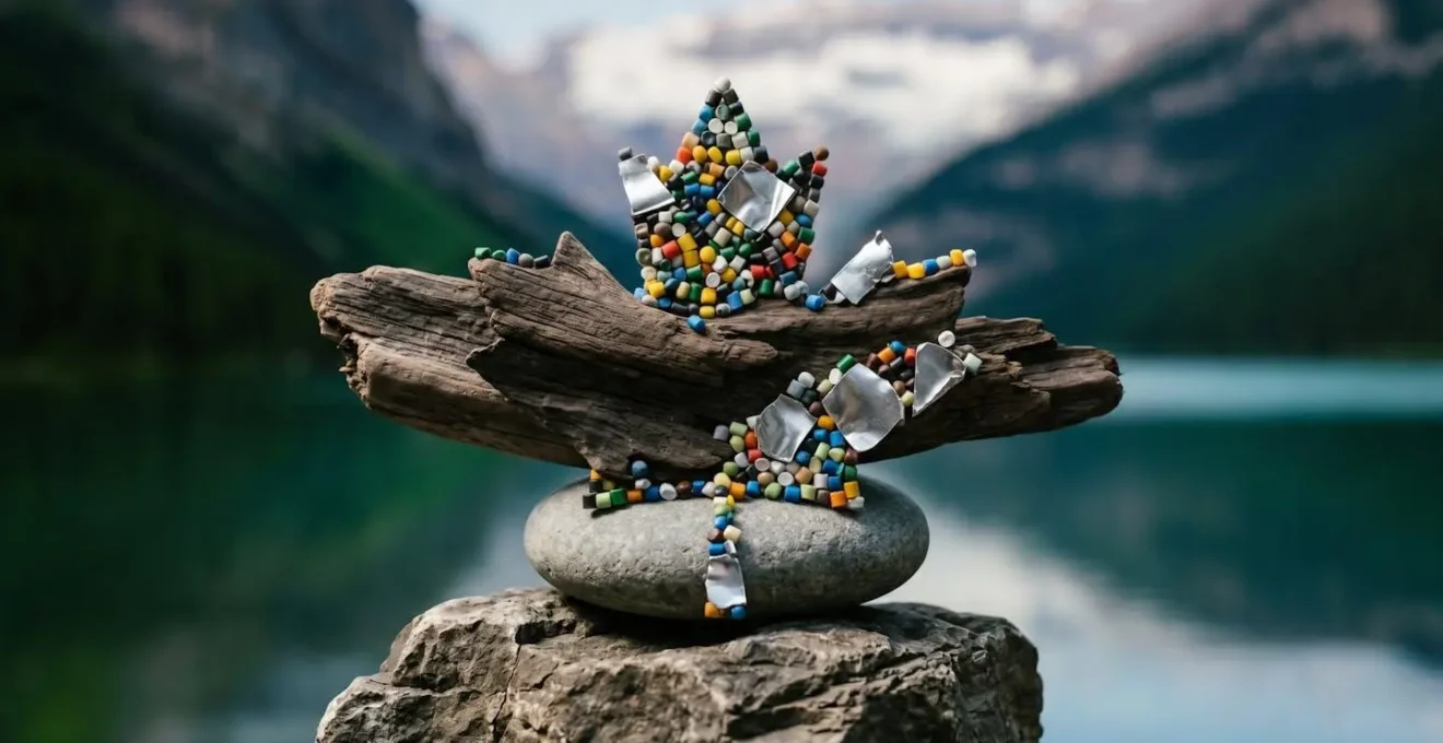 Symbolic arrangement showing industrial recycled material samples balanced against natural Canadian landscape elements representing environmental value